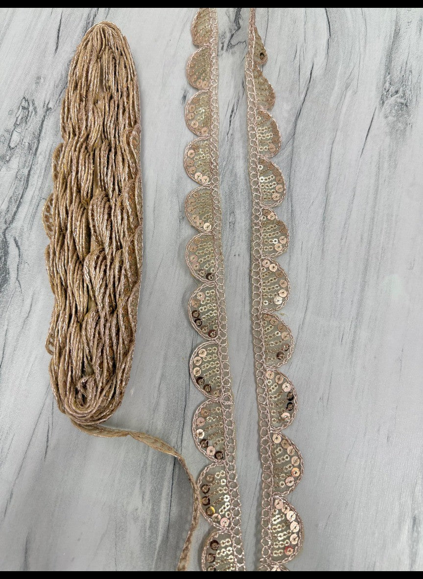 Golden Sequin Lace Border for Saree, Blouse, Dupatta – Designer Scallop Embroidery Lace Trim 9 Meter