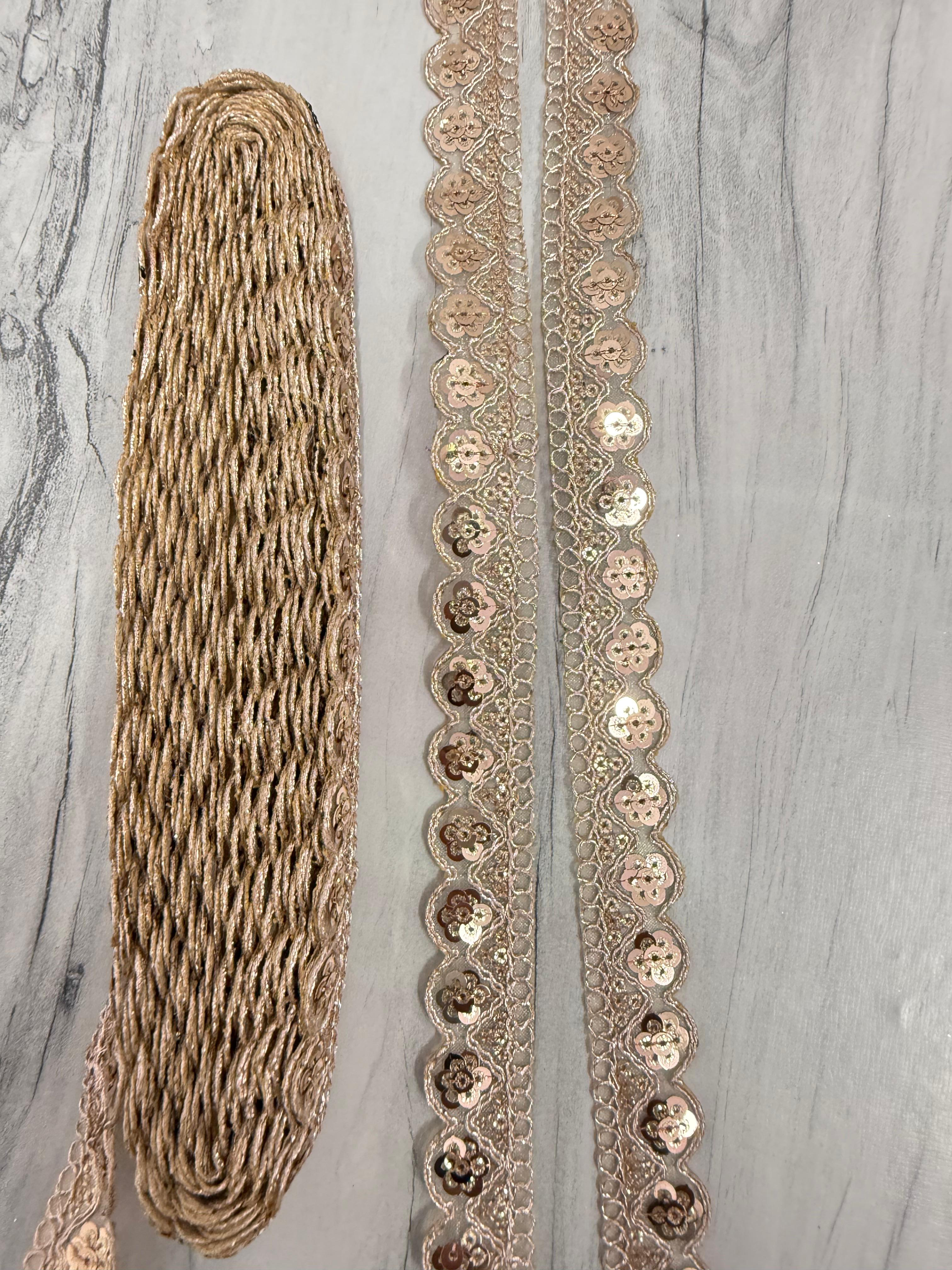 Golden Floral Sequin Lace Border for Saree, Blouse & Dupatta | Designer 1.5 Inch Embroidery Lace Trim 9 meter