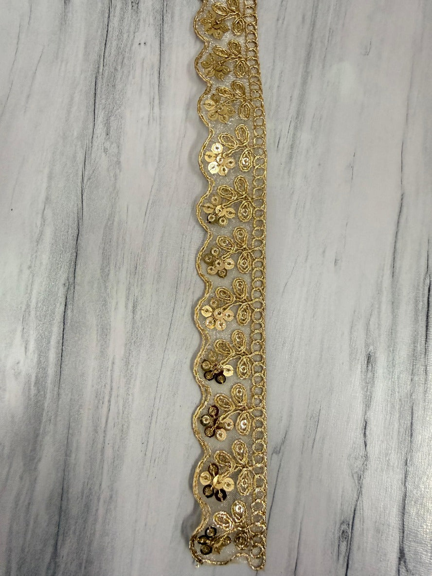 Golden Floral Sequin Lace Border for Saree, Blouse & Dupatta | Designer Scallop Embroidery Lace Trim (2 Inch)