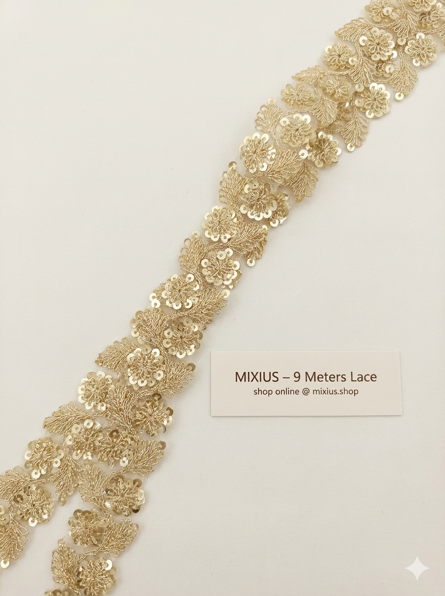 Premium Golden Floral Embroidered Lace Border | Sequin Work Fancy Lace for Saree, Blouse, Dupatta, Craft & DIY Decoration