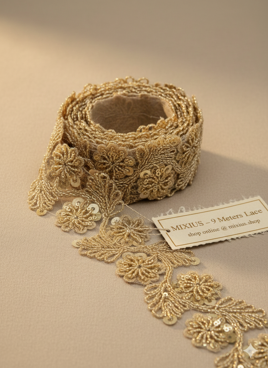 Premium Golden Floral Embroidered Lace Border | Sequin Work Fancy Lace for Saree, Blouse, Dupatta, Craft & DIY Decoration