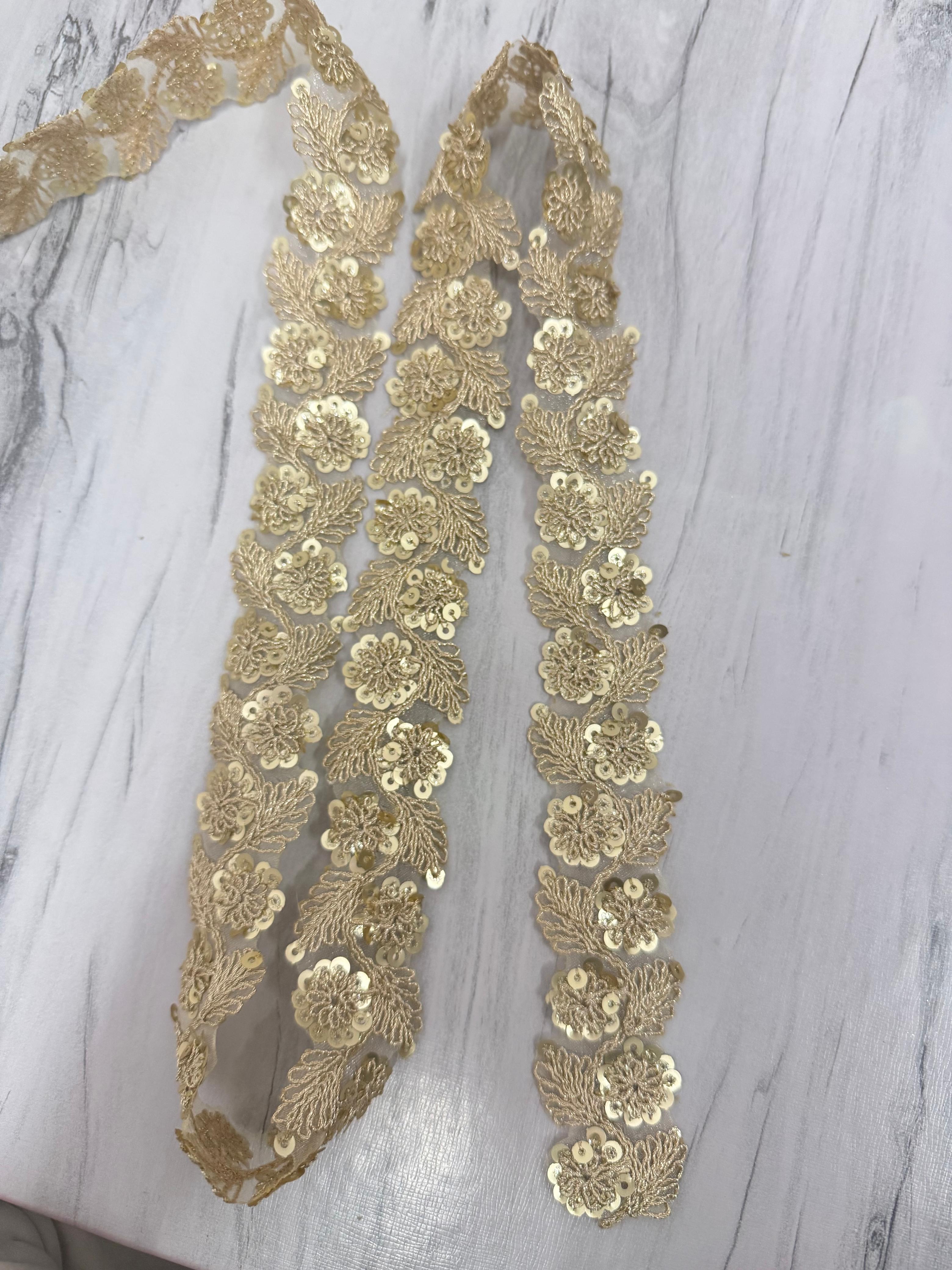Premium Golden Floral Embroidered Lace Border | Sequin Work Fancy Lace for Saree, Blouse, Dupatta, Craft & DIY Decoration