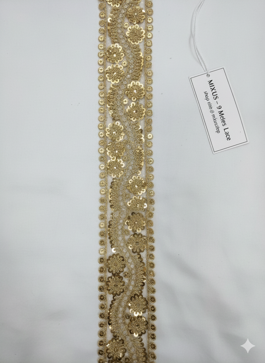 Premium Golden Floral Sequin Embroidery Lace Border for Saree, Dupatta & Dress Designing | Heavy Zari Fancy Lace Trim