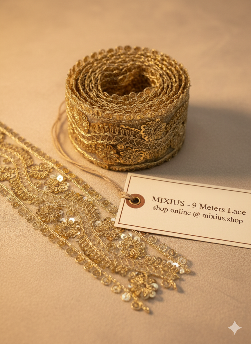 Premium Golden Floral Sequin Embroidery Lace Border for Saree, Dupatta & Dress Designing | Heavy Zari Fancy Lace Trim