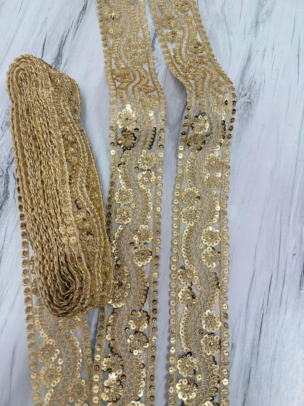 Premium Golden Floral Sequin Embroidery Lace Border for Saree, Dupatta & Dress Designing | Heavy Zari Fancy Lace Trim