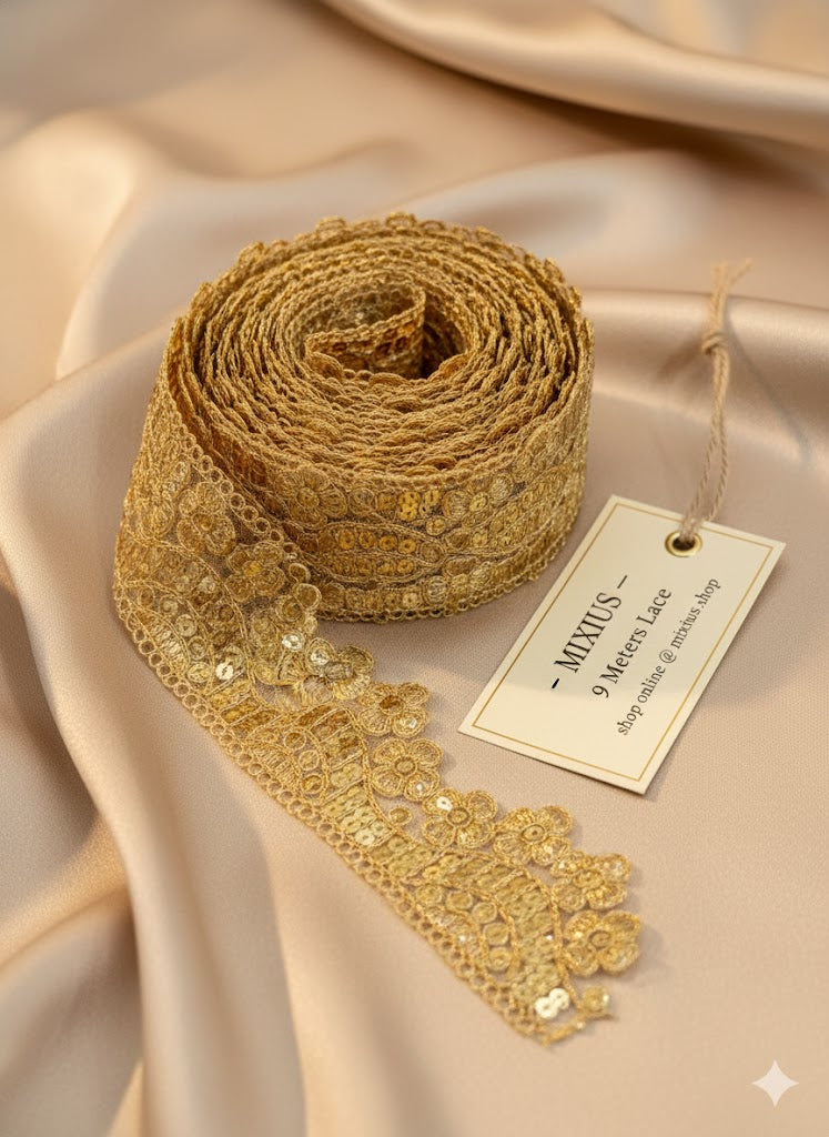 Golden Sequin Floral Embroidery Lace Border for Saree, Dupatta & Dress Designing (2 Inch Width) 9 meter