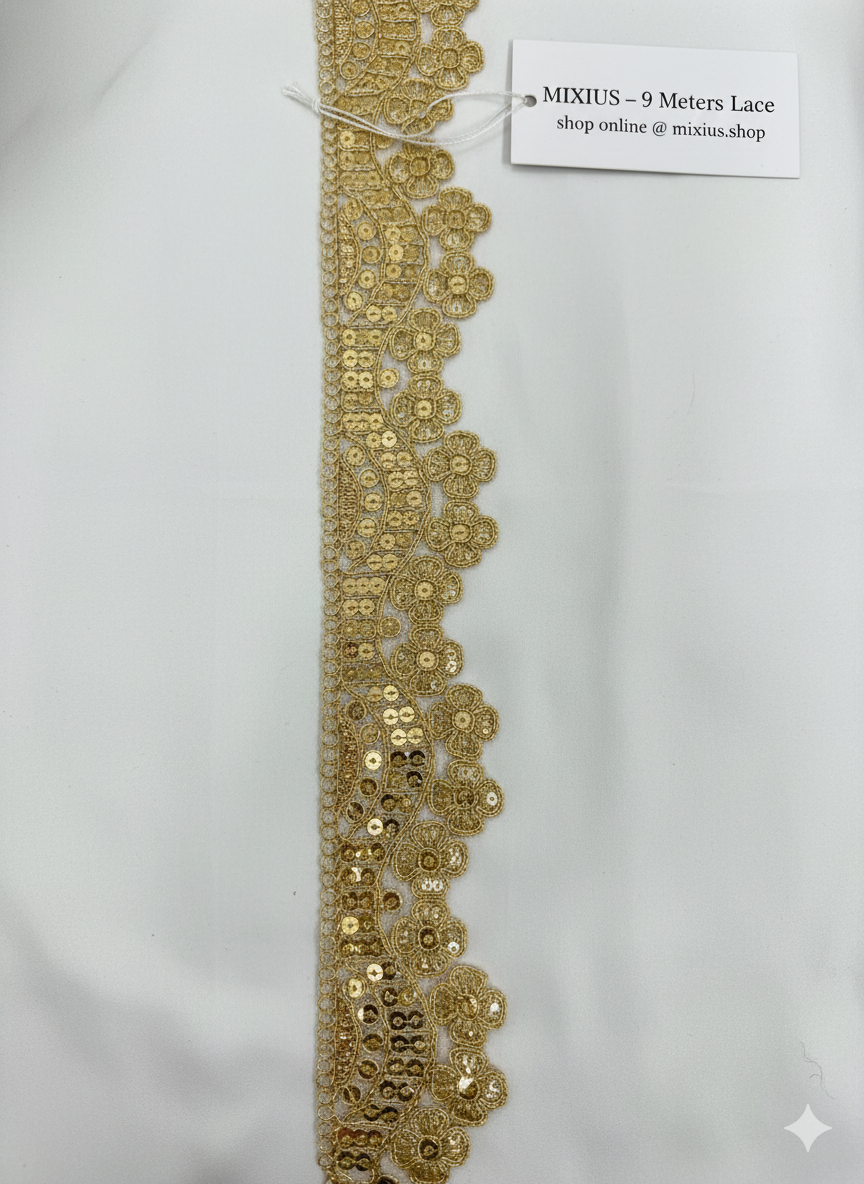 Golden Sequin Floral Embroidery Lace Border for Saree, Dupatta & Dress Designing (2 Inch Width) 9 meter