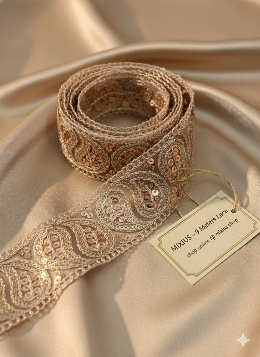 Golden Sequin Geometric Embroidery Lace Border for Saree, Dupatta & Dress Designing (Premium Fancy Latkan Lace) 9 meter