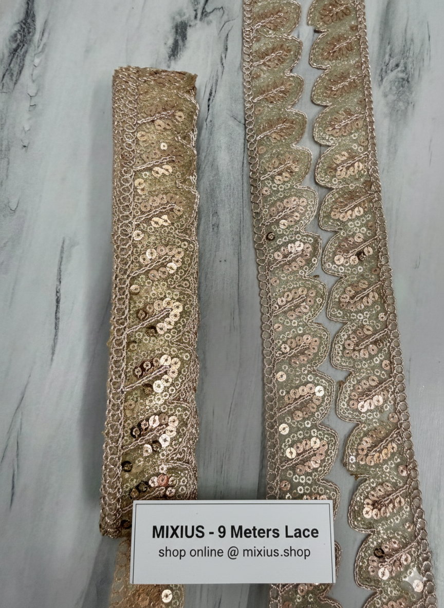 Rose Gold Sequin Leaf Design Embroidery Lace Border for Saree, Dupatta & Dress Designing (Fancy Scallop Edge Lace) 9 meter