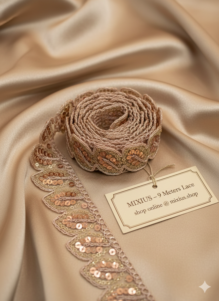 Rose Gold Sequin Leaf Design Embroidery Lace Border for Saree, Dupatta & Dress Designing (Fancy Scallop Edge Lace) 9 meter