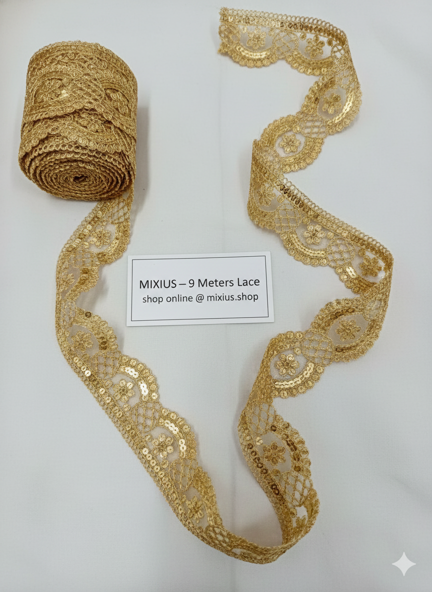 Golden Sequin Floral Jaal Embroidery Lace Border for Saree, Dupatta & Dress Designing (Fancy Scallop Design Lace) 9 meter