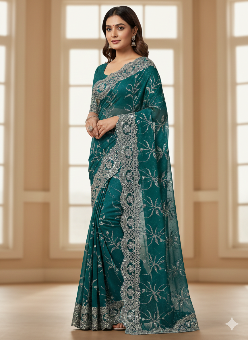 Golden Sequin Floral Jaal Embroidery Lace Border for Saree, Dupatta & Dress Designing (Fancy Scallop Design Lace) 9 meter