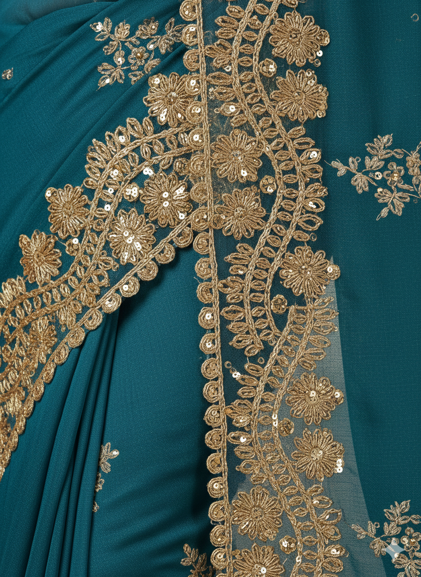 Premium Golden Floral Sequin Embroidery Lace Border for Saree, Dupatta & Dress Designing | Heavy Zari Fancy Lace Trim