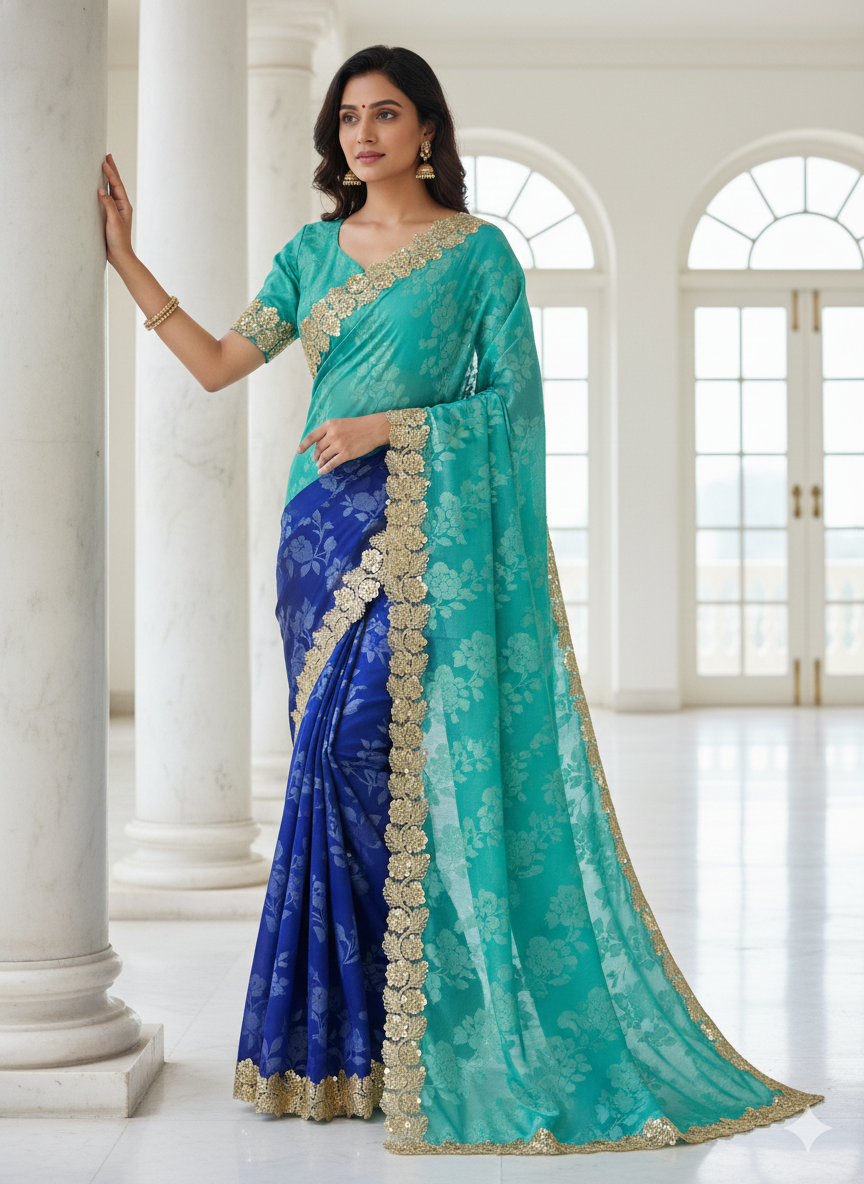 Golden 3D Floral Sequin Embroidery Lace Border for Saree, Dupatta & Dress Designing (Premium Flower Design Lace) 9 meter