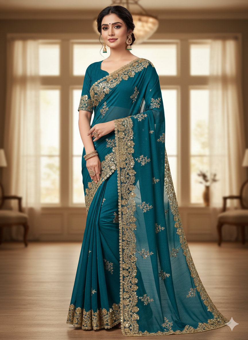 Premium Golden Floral Sequin Embroidery Lace Border for Saree, Dupatta & Dress Designing | Heavy Zari Fancy Lace Trim