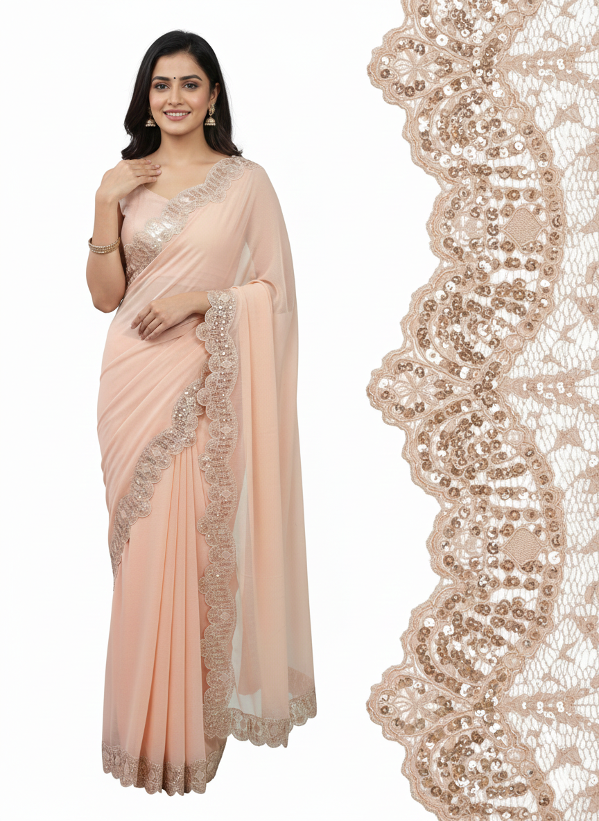 Rose Gold Sequin Wave Design Embroidery Lace Border for Saree, Dupatta & Dress Designing (Fancy Scallop Pattern Lace) 9 meter