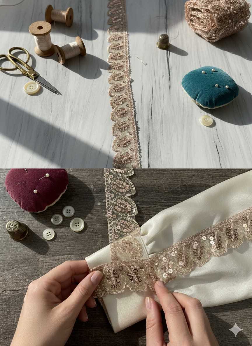 Rose Gold Sequin Leaf Design Embroidery Lace Border for Saree, Dupatta & Dress Designing (Fancy Scallop Edge Lace) 9 meter