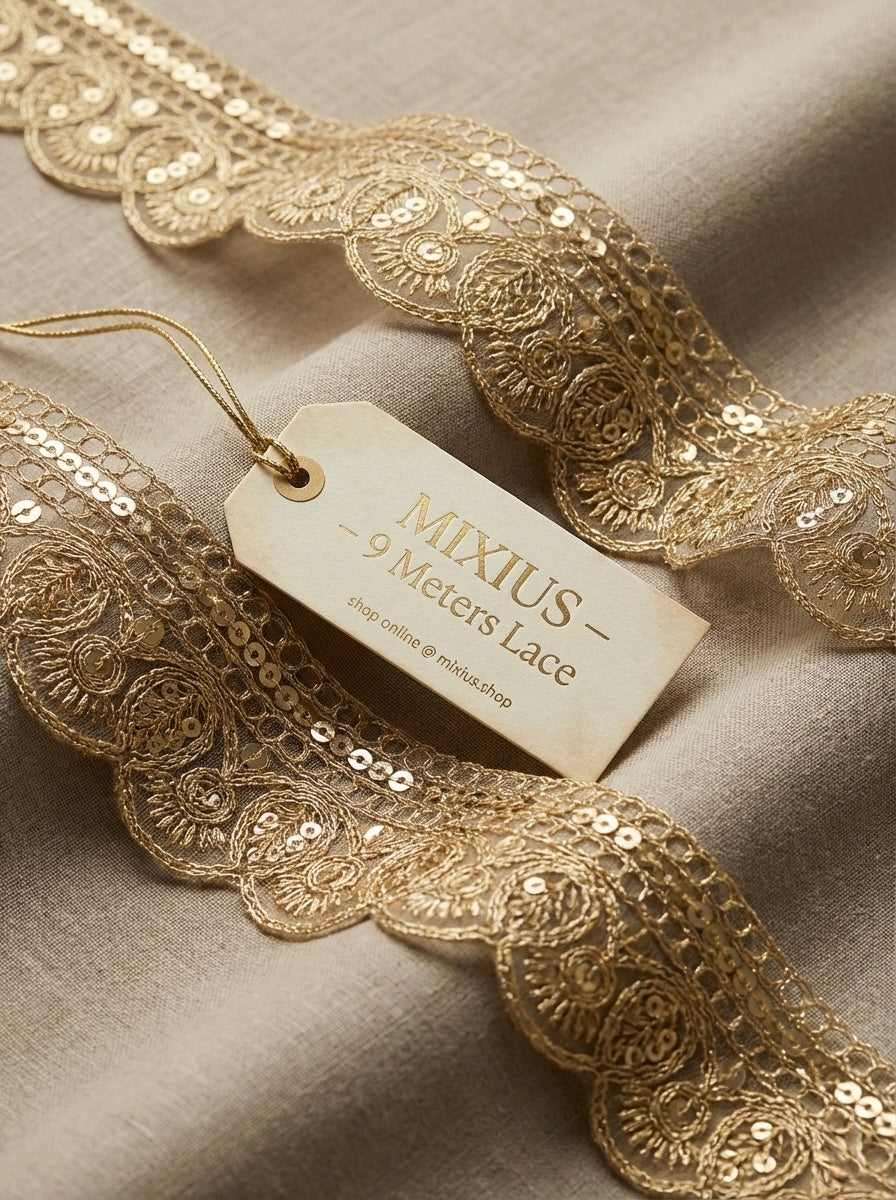 Golden Sequin Floral Jaal Embroidery Lace Border for Saree, Dupatta & Dress Designing (Fancy Scallop Design Lace) 9 meter