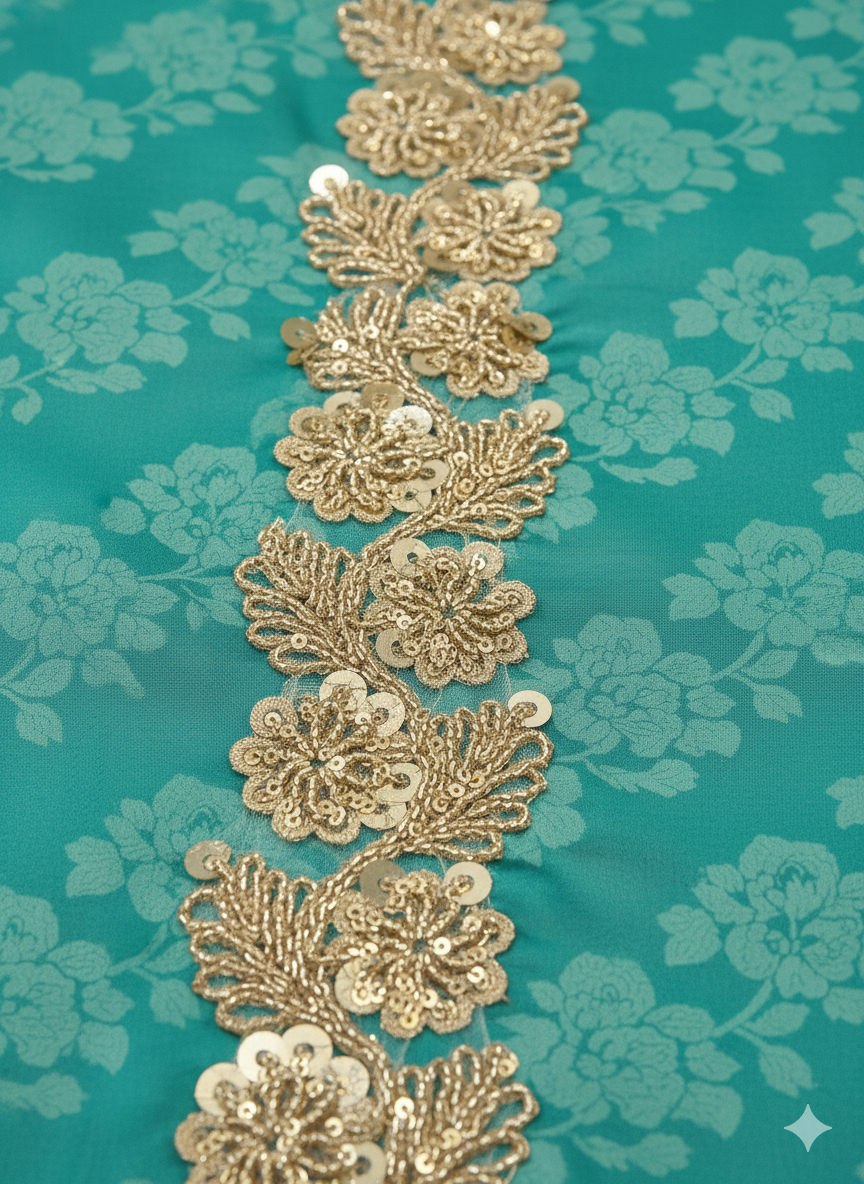 Golden 3D Floral Sequin Embroidery Lace Border for Saree, Dupatta & Dress Designing (Premium Flower Design Lace) 9 meter