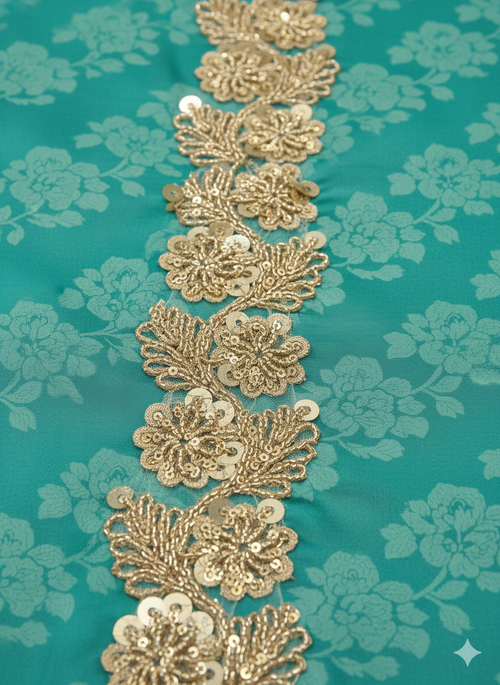 Golden 3D Floral Sequin Embroidery Lace Border for Saree, Dupatta & Dress Designing (Premium Flower Design Lace) 9 meter