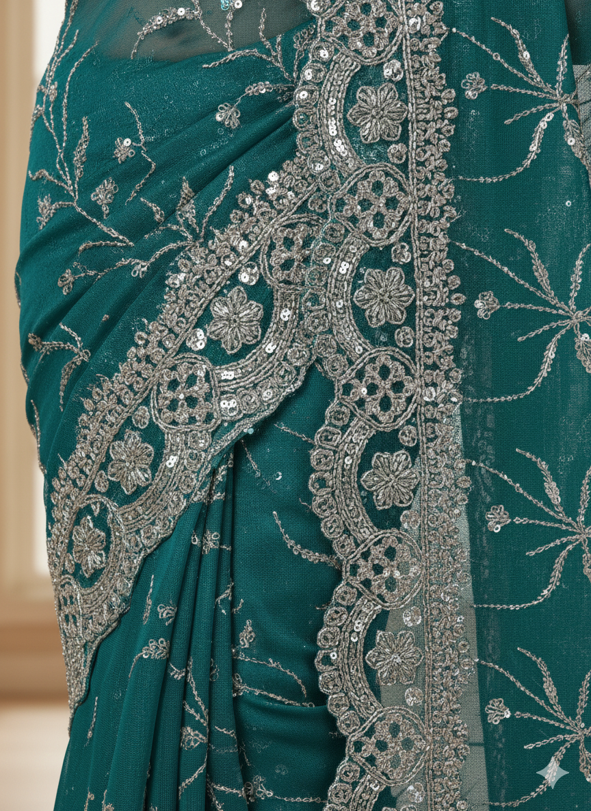 Golden Sequin Floral Jaal Embroidery Lace Border for Saree, Dupatta & Dress Designing (Fancy Scallop Design Lace) 9 meter