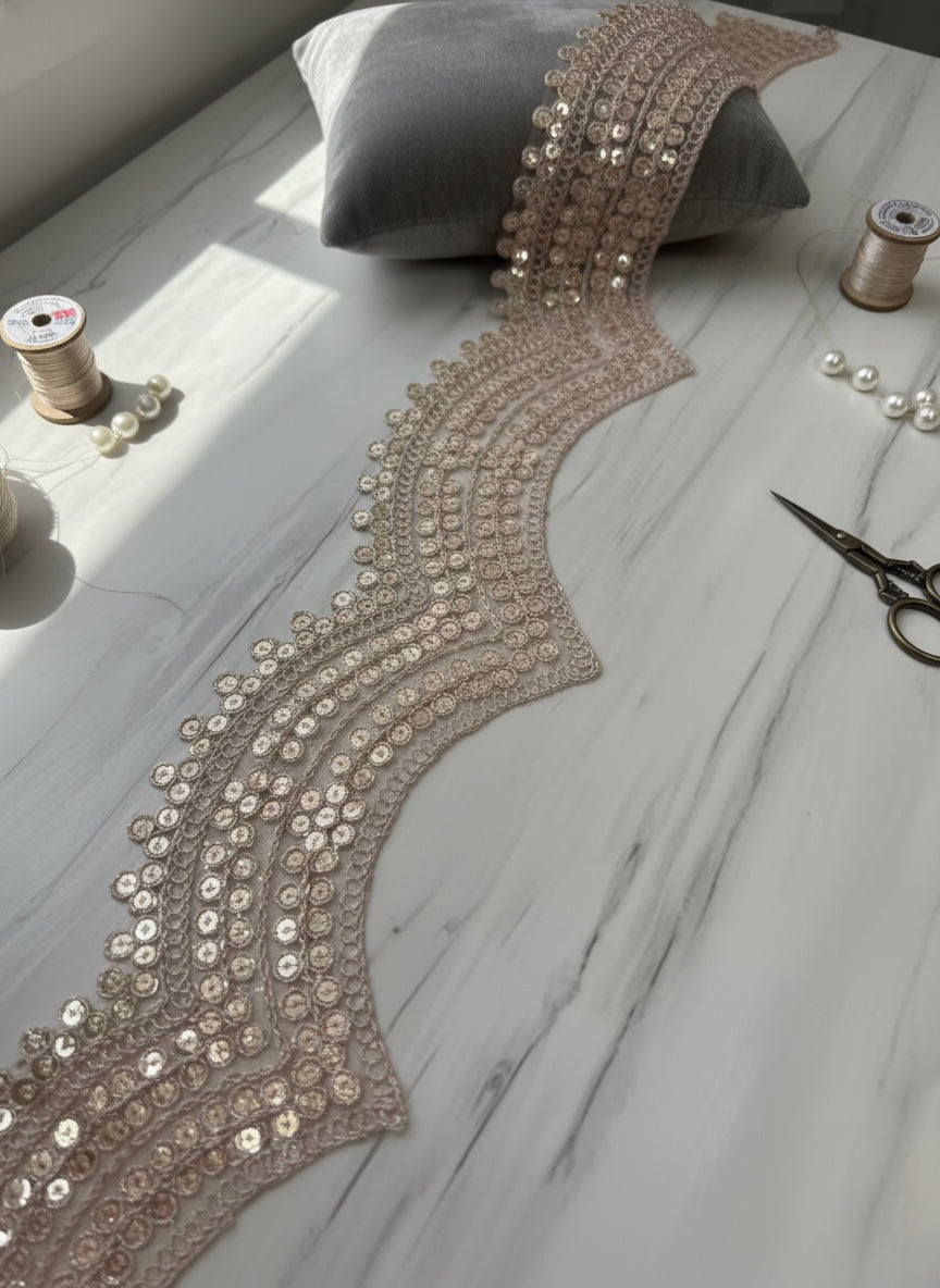 Gold Sequin Wave Design Embroidery Lace Border for Saree, Dupatta & Dress Designing (Fancy Scallop Pattern Lace) 9 meter