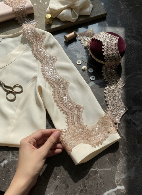 Gold Sequin Wave Design Embroidery Lace Border for Saree, Dupatta & Dress Designing (Fancy Scallop Pattern Lace) 9 meter