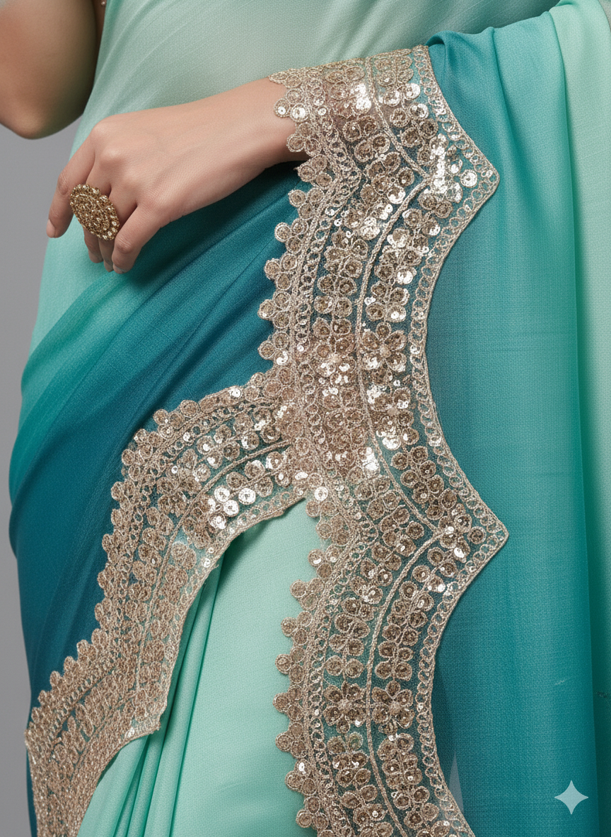 Premium Gold Sequin Embroidered Wave Pattern Lace Border for Saree, Dupatta, Lehenga & Dress Designing 9 meter