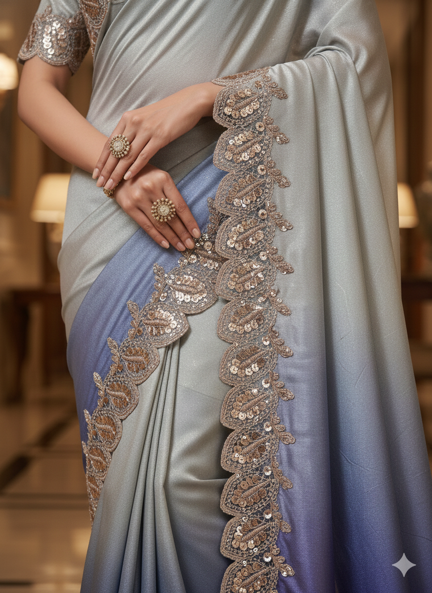 Rose Gold Sequin Leaf Design Embroidery Lace Border for Saree, Dupatta & Dress Designing (Fancy Scallop Edge Lace) 9 meter