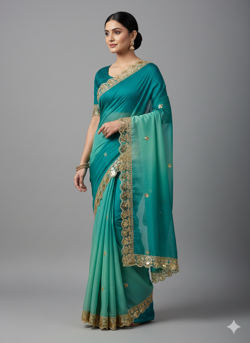 Golden Floral Sequin Lace Border for Saree, Blouse & Dupatta | Designer Scallop Embroidery Lace Trim (2 Inch)