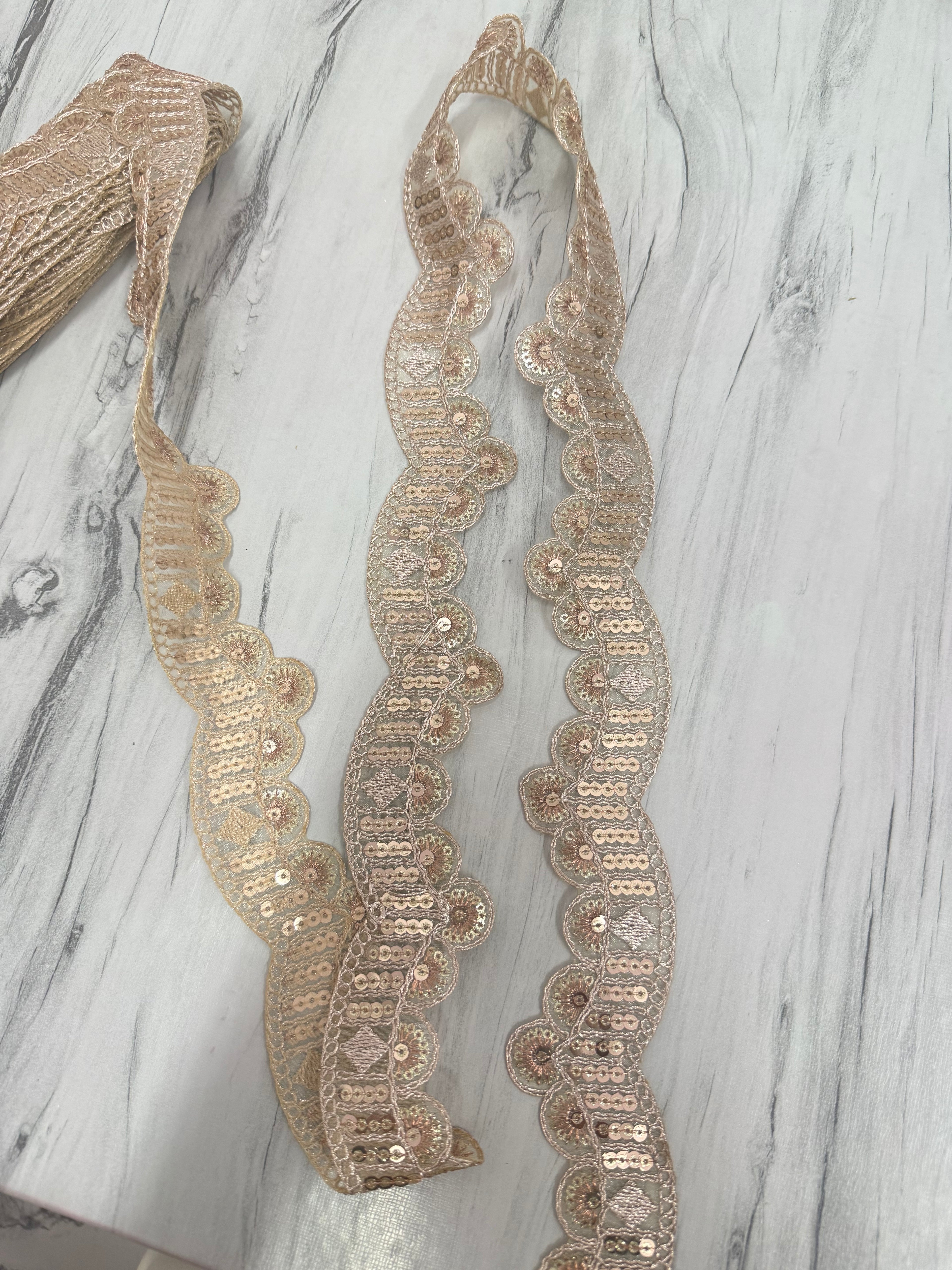 Rose Gold Sequin Wave Design Embroidery Lace Border for Saree, Dupatta & Dress Designing (Fancy Scallop Pattern Lace) 9 meter