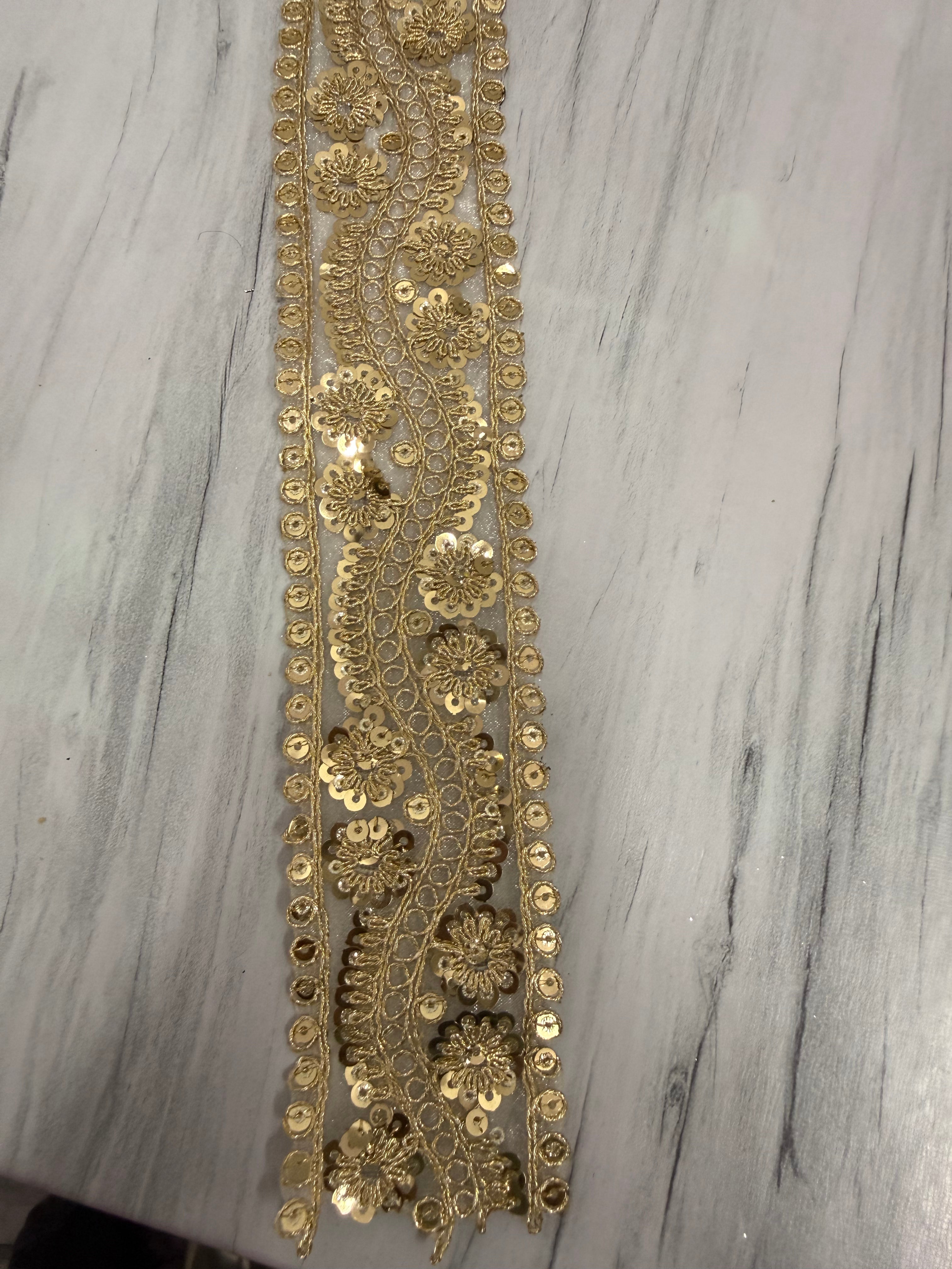 Premium Golden Floral Sequin Embroidery Lace Border for Saree, Dupatta & Dress Designing | Heavy Zari Fancy Lace Trim