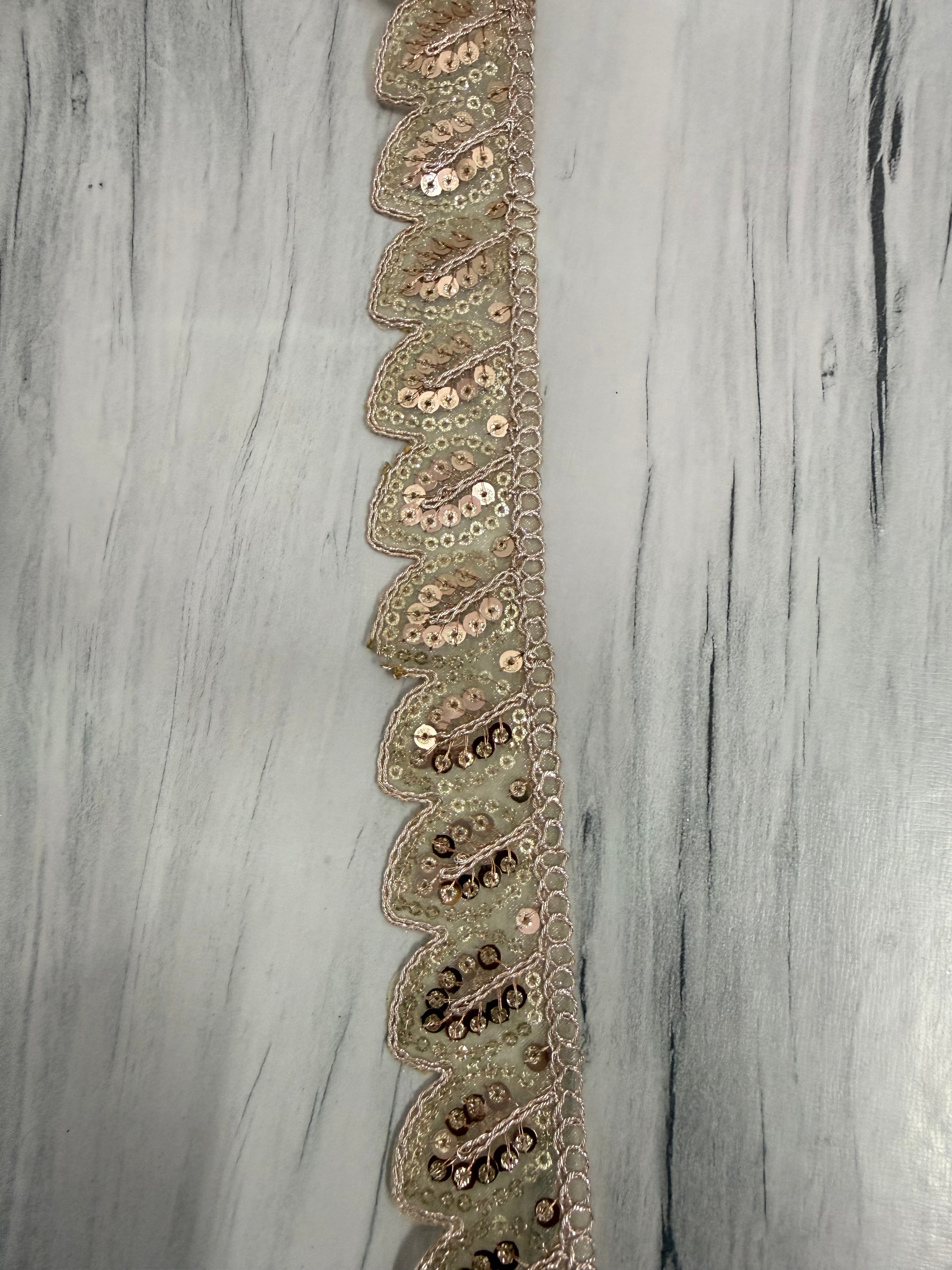 Rose Gold Sequin Leaf Design Embroidery Lace Border for Saree, Dupatta & Dress Designing (Fancy Scallop Edge Lace) 9 meter